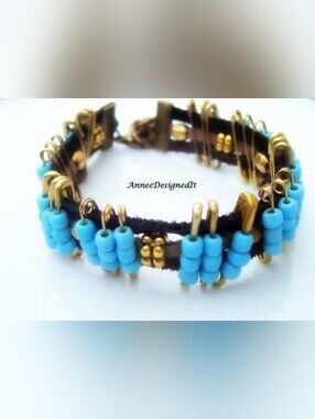 Turquoise Safety Pin Beaded Leather Bracelet